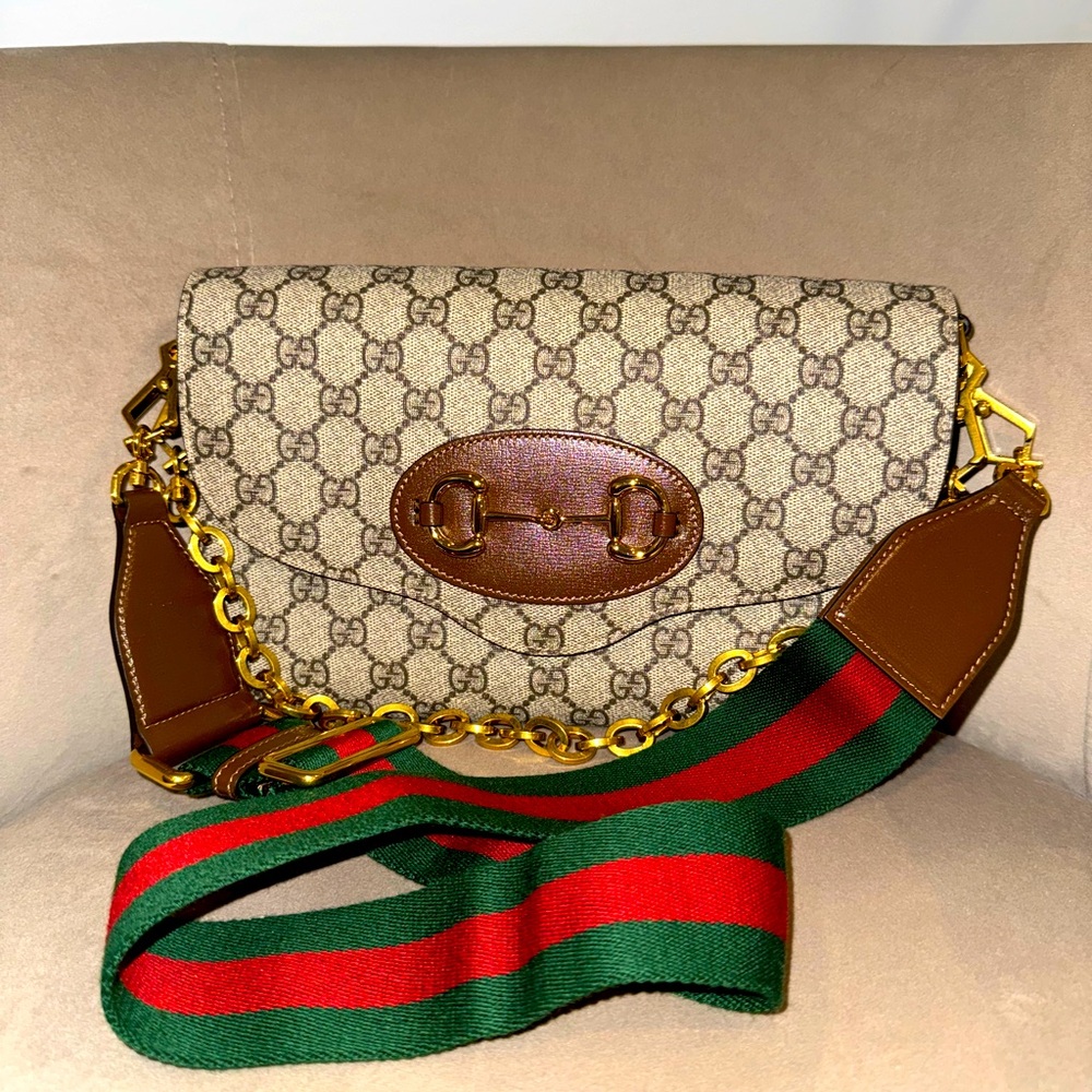 Gucci Brown and Tan Crossbody Bag with Green and Red Strap